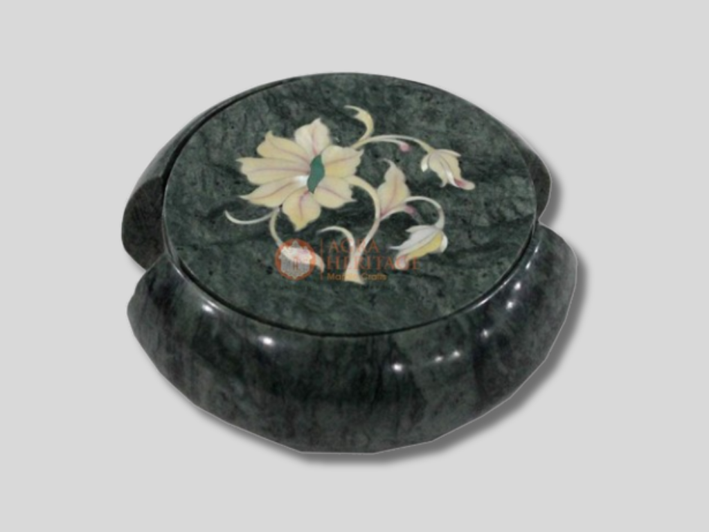 Green Round Marble Coaster Set Mother of Pearl Floral Inlay